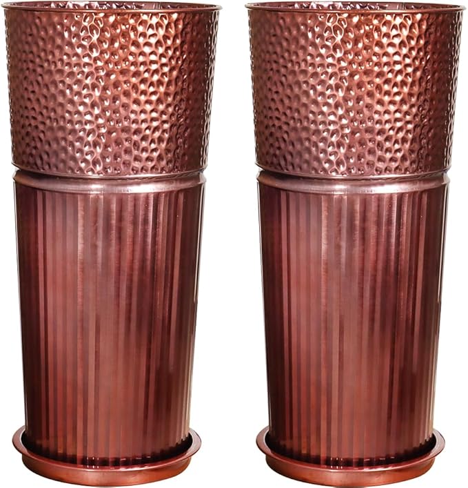 2 Pcs Pack Metal Tall Tapered Planter Pots Large Round Planter Flower Pot with Drainage Holes for Indoor Outdoor Deck Porch Garden Home Patio Front Door (Glossy Copper, Medium)