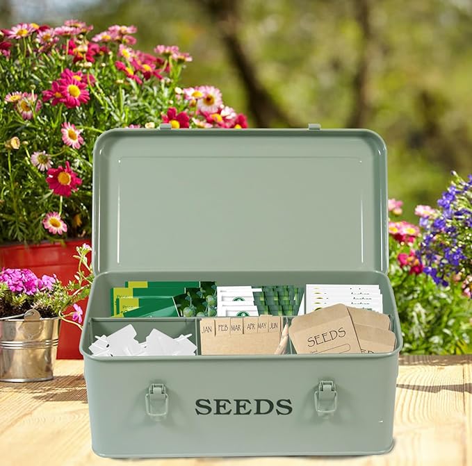 Garden Seed Box, Green Metal Seed Storage Box, Seed Storage Organizer Case with 4 Dividers, Seeds Packet Container for Gardening, Seed Envelope Storage Box with Portable Handle & Safety Lock