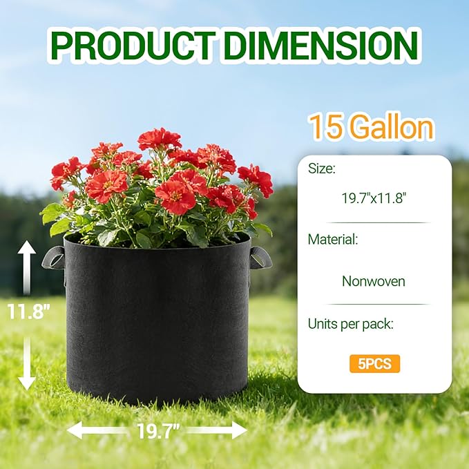 5-Pack 15 Gallon Grow Bags, Thickened Aeration Fabric Pots with Handles, Heavy Duty Plant Bags for Vegetables, Tomatoes, Potatoes, Fruits & Flowers, Reusable Garden Pots for Plants