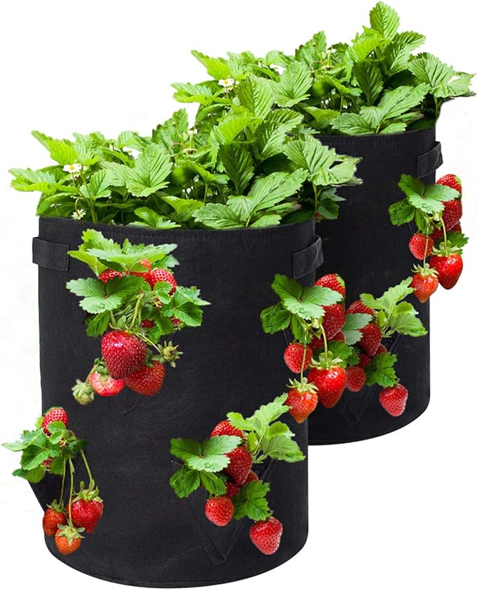 GOTGELIF Strawberry Grow Bags, 2 Pack 10 Gallon Strawberry Planter with 8 Side Grow Pockets, Breathable Non-Woven Fabric Reinforce Handle Plant Grow Bag for Garden Strawberries, Herbs, Flowers
