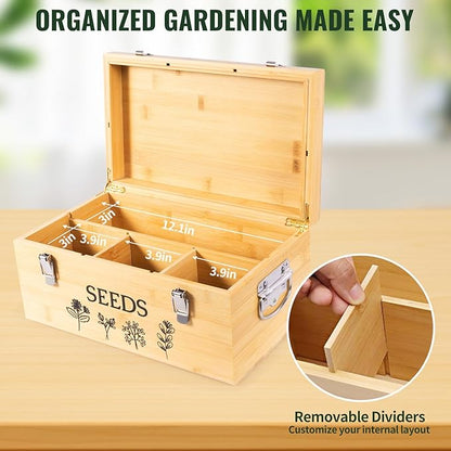Large Bamboo Wood Seed Storage Organizer Box with Lid,Double-Layer Seal Design Seed Saving Box with 304 Stainless Steel Safety Lock,Handles,Extra Seed Envelopes and Labels (Wood)