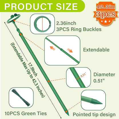 Extendable Plant Stakes,Adjustable Length from 17.9IN to 42.3IN Monstera Support Stakes with Clips,Sturdy Plant Stakes for Indoor Outdoor,Garden Sticks for Tomato,Orchid,Climbing Plants- 3Pack