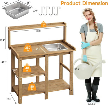 ONBRILL Potting Bench, Outdoor Potting Bench Table with Removable Sink, HDPS Potting Benches for Outside, Garden Table with Storage Shelves & 4 Side Hooks, No Rot, No Fade, No Break, 360lbs Capacity