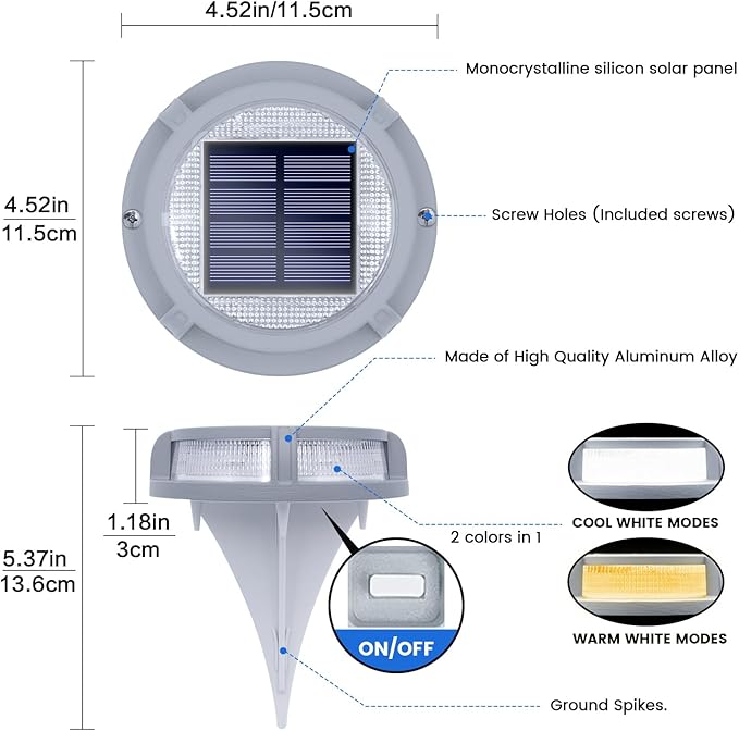 SIEDiNLAR Solar Deck Lights Outdoor 2 Modes 16 LEDs Driveway Markers Dock Light Solar Powered Waterproof for Ground Step Pathway Walkway Stair Garden Road Yard 4 Pack (Cool White/Warm White)