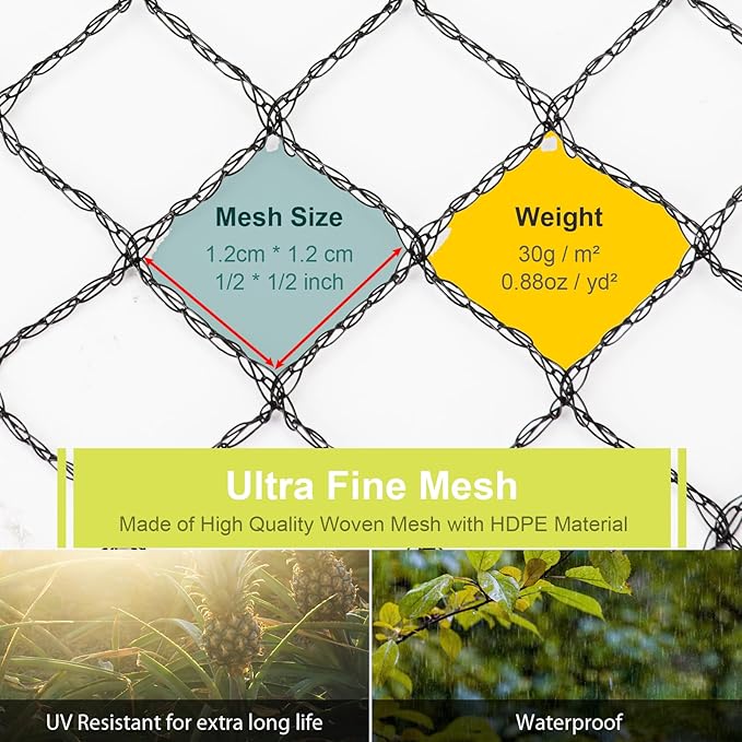 Bird Netting for Garden, 26 x 49FT Heavy Duty Anti Bird Netting Mesh with Ties and Landscape Staples for Vegetable, Fruit Trees & Other Plants, Lasting Against Birds Squirrels and Poultry, Black