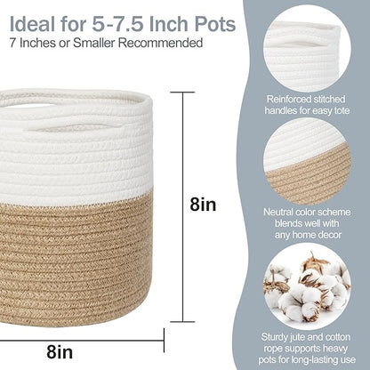 Small Wicker Plant Basket Indoor, 8"x8" Jute Spliced Cotton Rope Basket Planter Up to 7" Pot, Modern Flower Tree Pots Cover, Small Floor Woven Planters, Home Decor Storage Bin