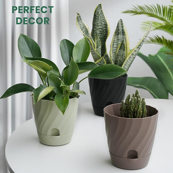 Plant Pots with Drainage, Self Watering Pots for Indoor Plants, Home Decor Flower Planters, 4 Pack 6 Inch Plastic Planters Succulent Pots, White
