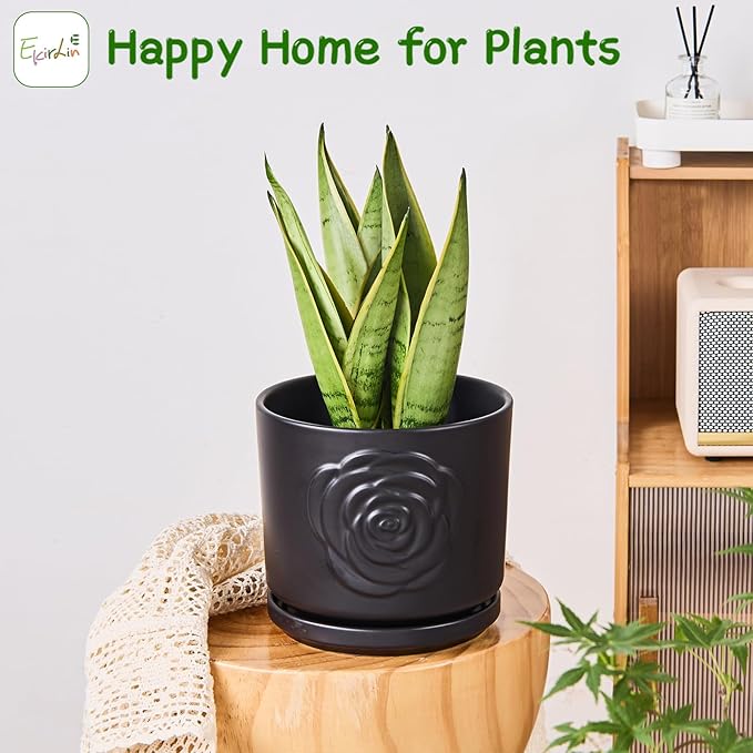 Ekirlin 7 inch Plant Pots,Ceramic Rose Flower Planters Indoor,Modern Succulents Containers with Drain Hole Saucer,Weatherproof Pot for Decorate Home,Office & Outdoor (Black)