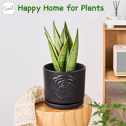 Ekirlin 7 inch Plant Pots,Ceramic Rose Flower Planters Indoor,Modern Succulents Containers with Drain Hole Saucer,Weatherproof Pot for Decorate Home,Office & Outdoor (Black)