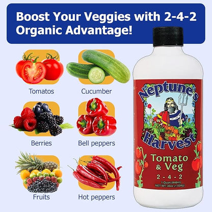 Neptune’s Harvest Organic Tomato & Vegetable Plant Fertilizer (2-4-2) - 36oz Bottle - Liquid Plant Food w/Fresh Fish, Seaweed, Molasses, Yucca Extract, & Humic Acids - for Vegetable Garden