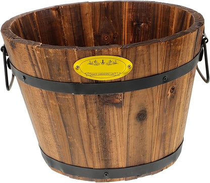 DOITOOL Wooden Barrel Planter 10.2 Inch Round Whiskey Barrel Flower Pot Rustic Wooden Flower Bucket with Handle for Indoor Outdoor Garden Balcony