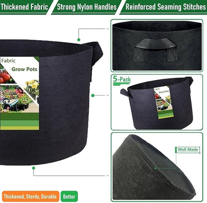 5-Pack 7 Gallon Thickened Plant Grow Bags (14x12 inch) Fabric Plant Pots for Tomato,Potato Planter Bags,Herbs Veggies Planters,Flower Pot,Garden Pot,Barrel Planter,Plant Container W/ Gardening Gloves
