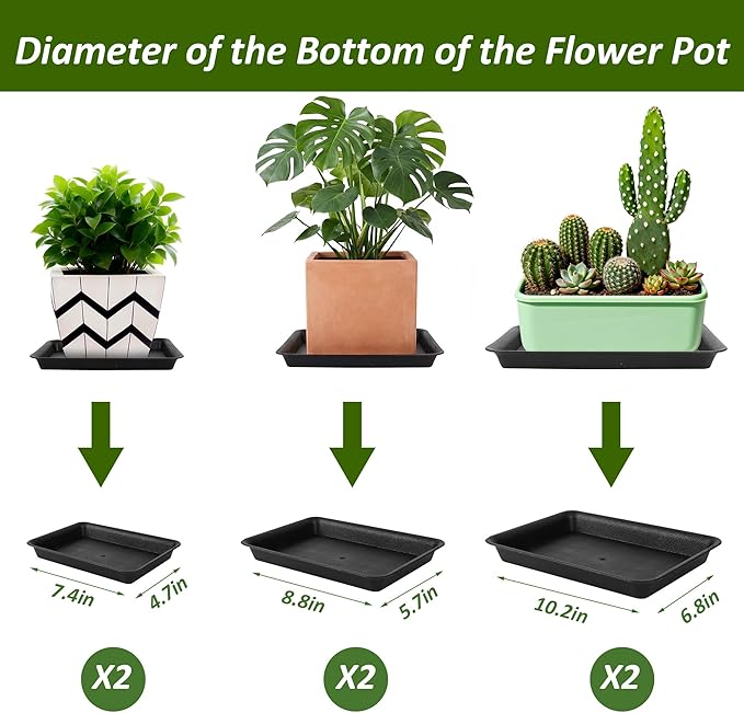 6PCS Plant Trays for Pots - 8 10 12 Inch Plastic Plant Saucer Rectangle Plant Plates to Catch Water, Drip Trays for Potted Plants