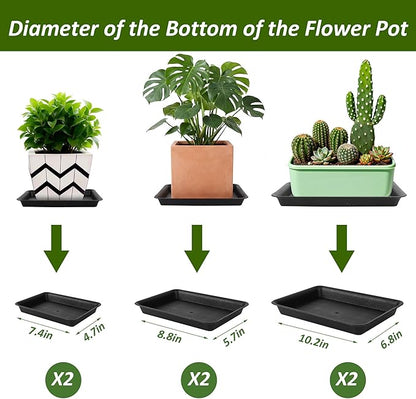 6PCS Plant Trays for Pots - 8 10 12 Inch Plastic Plant Saucer Rectangle Plant Plates to Catch Water, Drip Trays for Potted Plants