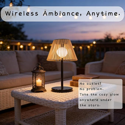 Solar Powered Table Lamp, Rattan Wicker Shade, Khaki Color, PP and Iron Material, Garden Courtyard Lawn Decor, 8.66 x 15.94 Inches
