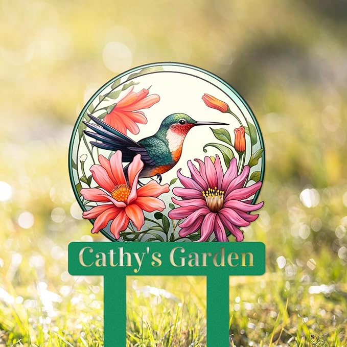 Custom Flowers Bird Garden Sign, Personalized Hummingbird Bird Flowers Garden Stake Metal Sign Garden Decor Sign Yard Art with Stakes, Customized Gardener Name Sign Flower Sign Plaque