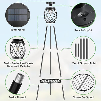 MXwcy 2 Pack Solar Lights Outdoor with LED Edison Bulbs, Vintage Style Solar Floor Lamp with Plant Stands, Weatherproof Garden Lights for Pathway, Patio, Yard, Porch Decor 8-10 Hours Lighting
