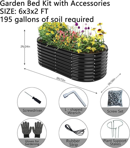 Garden Box Raised Flower Bed Galvanized Metal Planter Round Raised Garden Bed Kit for Gardening Outdoor 1PC Black 6X3X2FT