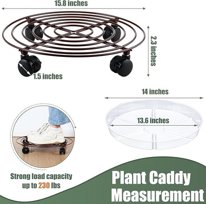 6 Packs 15.8 Inches Metal Plant Caddy with Wheels Extra-large Rolling Plant Stands Heavy-duty Wrought Iron Plant Roller Base Pot Movers Indoor Outdoor Plant Dolly Trolley Planter Tray Coaster