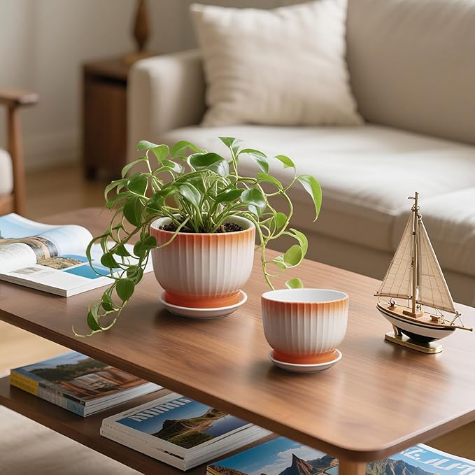 6.7 + 5.5 Inch Ceramic Plant Pots,Planters with Drainage and Saucer,Indoor Pots for Plants,Modern Flower Pots for Home and Office（Orange + White）