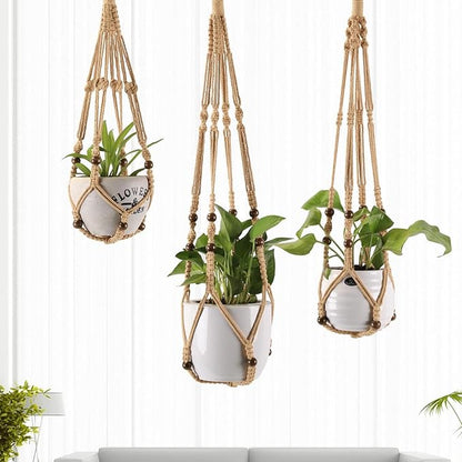 3-Pack Macrame Plant Hanger Indoor - Hanging Planter Basket for Indoor Outdoor - Decorative Boho Plant Holders Set with Beads - Ceiling Flower Pot Holder with 6 Hooks - 35"/30"/24" Linen