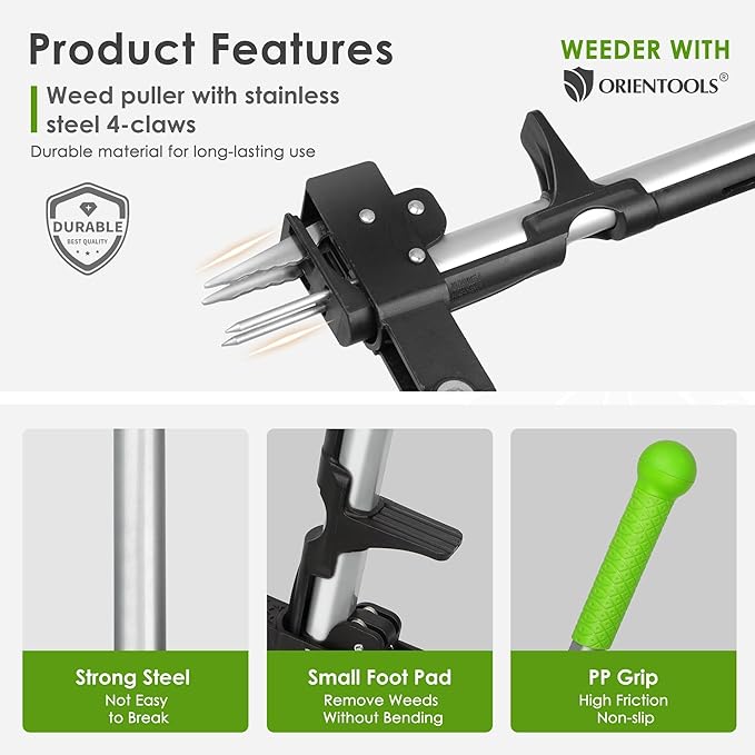 ORIENTOOLS 4 Claws Weed Puller Tool, Stand Up Weed Puller with Long Ergonomic Handle, Weed Puller Tool Stand Up Heavy Duty, Dandelion Picker, Garden Tools for Weeding, Weed Remover Tool for Lawn, Yard