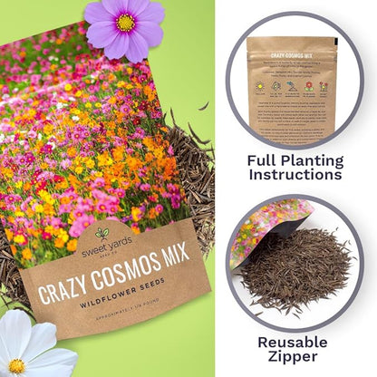 Sweet Yards Cosmos Seeds Wildflower Mixture - Bulk Quarter Pound Bag Over 20,000 Seeds - Pink, Yellow, Orange, Red, Purple and White Mixed Species - 7 Varieties Premium Quality for Planting Outdoors