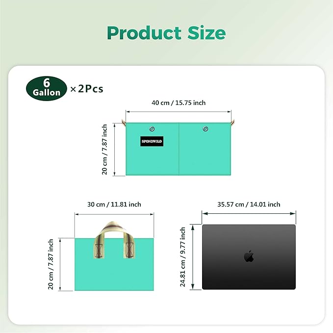 2 Pcs 6 Gallon Rectangle Grow Bags for Growing Herbs, Reusable Rectangle Garden Planter, PE Pots for Vegetables, Flowers and Fruits (Green)