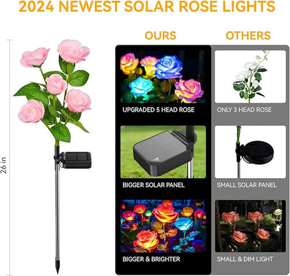 Solar Garden Lights Outdoor, 4 Pack Solar Light Outdoor with 20 Rose Flowers, Waterproof 7 Color Changing Solar Powered Flowers Lights for Outside Patio Yard Pathway