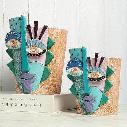 Picasso Flower Pot/Vase, Unique Planters, Abstract Face Flower Pots, with Drainage Holes, Handcrafted Resin Vases for Artistic Home Décor (Small)