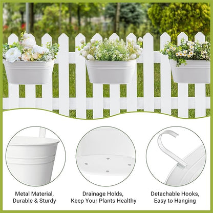 Dahey 10.5 Inch Metal Iron Hanging Flower Pots for Railing Fence Hanging Bucket Pots Countryside Style Outdoor Planter Window Flower Plant Holder with Detachable Hooks Home Decor,White,4 Pcs