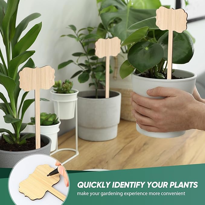 100 Pcs Bamboo Plant Labels 8 Inch Extra Long Plant Tags for Seedlings Garden Markers with Pen T-Type Tags Waterproof Nursery Garden Signs for Outdoor Flower Herb Potted