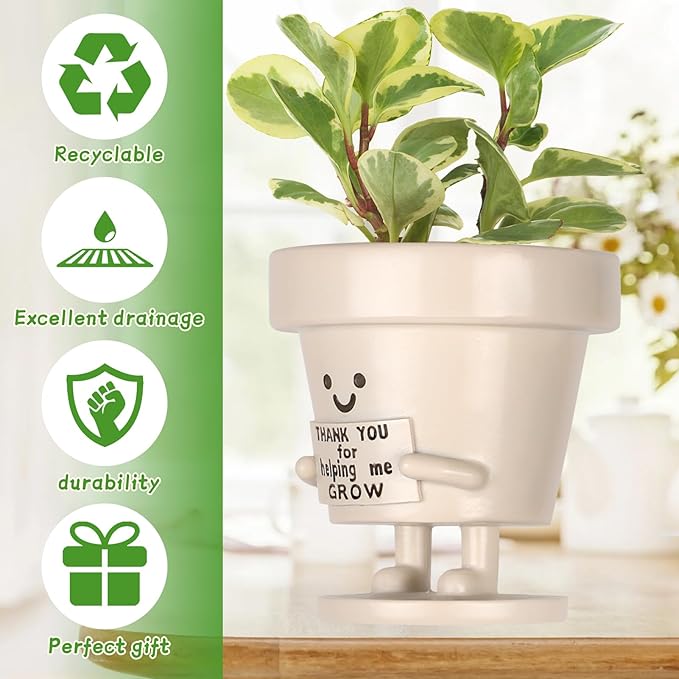 Funny Smiley Face Planter Pots with Drainage - Unique Cute Resin Flower Pot for Indoor Outdoor Plants Succulents Cactus Teacher Appreciation Gifts