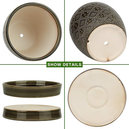 Docrin Dark Green Ceramic Planter Set - 6.6"+5.5" Indoor Outdoor Pots with Drainage Holes & Saucers for Home Office Decor