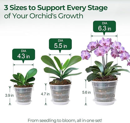 T4U Orchid Pot, 9 Pack Orchid Pots with Holes and Saucers for Repotting, 3 Each of 4.3, 5.5 and 6.3 Inch, Clear Plastic Flower Plant Pot for Indoor Outdoor Plants, Orchids Planter for Root Health
