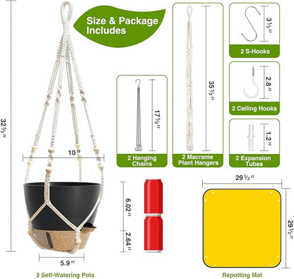 Set of 2 Hanging Planters for Indoor Plants with Self Watering Includes Hanging Pots and 2 Types Plant Hangers, Outdoor Hanging Baskets Holder for Home Garden, 10 Inch Midnight Black