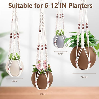 Macrame Plant Hanger with Colored Wood Beads and 4PCS Hooks, Elegant Hanging Plant Holder for Indoor Outdoor Plants, Sturdy Hanging Planters with No Tassel, 33 Inch, Ivory, Set of 2