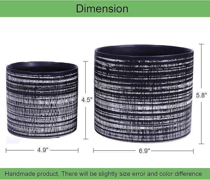 Plant Pots Indoor 2 Pack, 5 & 7 Inch Ceramic Planter Pots with Drainage Hole, Set of 2 Flower Pots - Herbs/Snake/Succulent/Orchid Cylinder Plant Pot(Black)