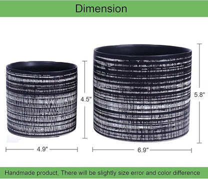 Plant Pots Indoor 2 Pack, 5 & 7 Inch Ceramic Planter Pots with Drainage Hole, Set of 2 Flower Pots - Herbs/Snake/Succulent/Orchid Cylinder Plant Pot(Black)