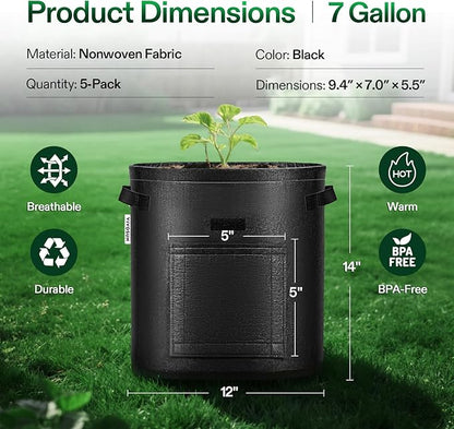 VIVOSUN 5-Pack 7 Gallon Potato Grow Bags, Fabric Pots With Handle and Roll-up Window, Planter Containers for Growing Potatoes, Black
