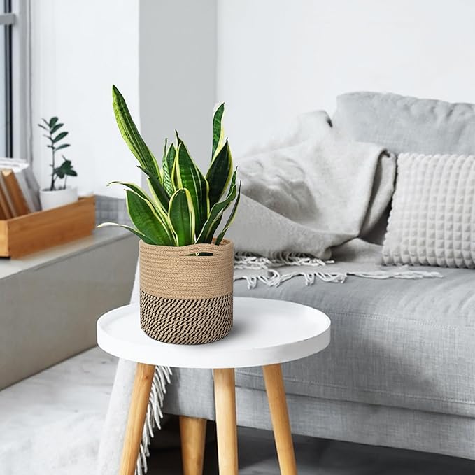 Woven Jute Plant Basket, Wicker Basket Planter up to 7" Pot, Round Indoor Tree Pot Cover, Small Boho Planter, Decorative Bins for Plants and Home Decor, 8”x8”x8, Black Stripes