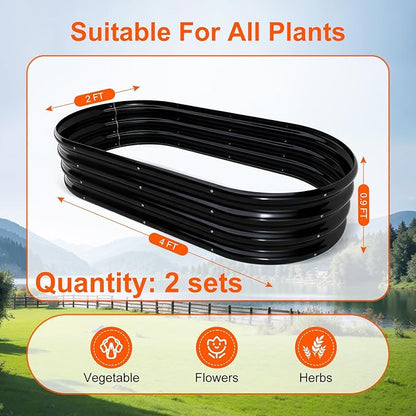 Raised Garden Bed Outdoor 2 Sets Oval Large Coating Metal Planter Box with No Heavy Metal for Vegetables, Flowers, Herbs