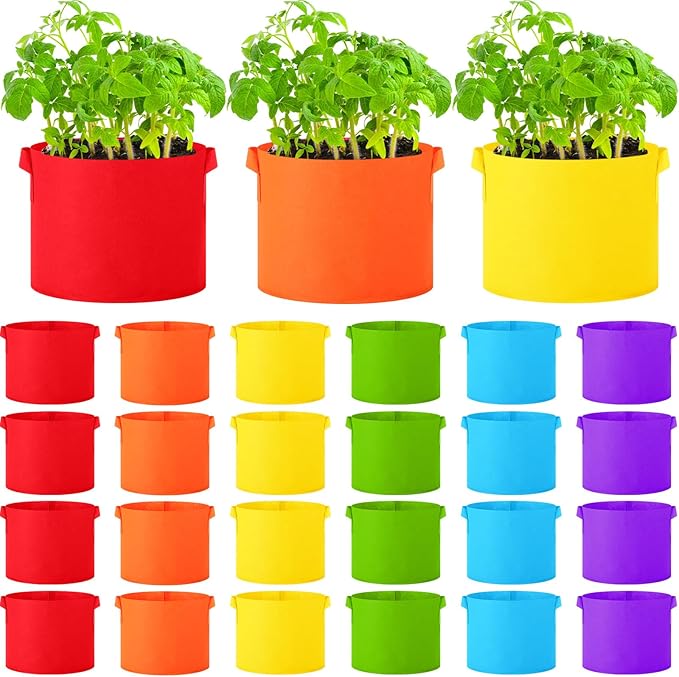 24 Pcs Multicolor Plant Grow Bags Large Grow Bags Fabric Planter Thickened Non Woven Fabric Pots with Handles for Indoor Outdoor Garden Planting Seeds Flower, 6 Colors (10 Gallon)