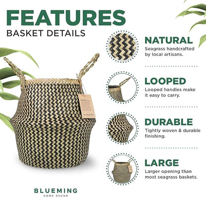 Blueming Wicker Plant Basket – Small 8-9 Inch Medium Seagrass Pot for Faux Olive Tree, Snake Plant or Houseplants, Black Decorative Planter for Home Decor