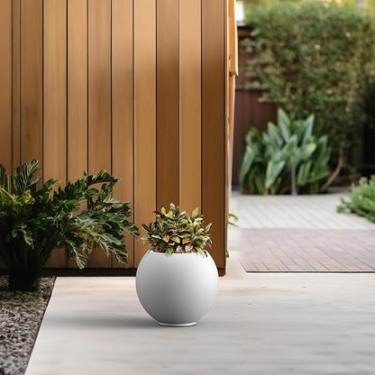 Kante Round Concrete Flower Pot, 11 Inch Dia (7.9" Opening) Sphere Shape Design Planter with Drainage Hole and Rubber Plug for Indoor & Outdoor Plants, White Finish with Painted Interior
