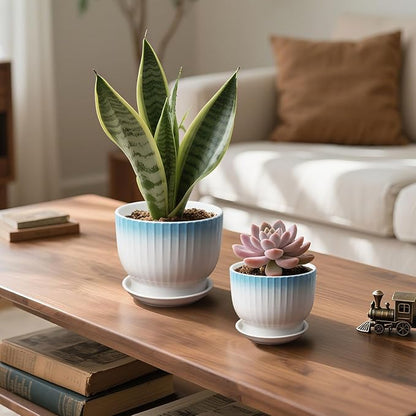 6.7 + 5.5 Inch Ceramic Plant Pots,Planters with Drainage and Saucer,Indoor Pots for Plants,Modern Flower Pots for Home and Office（Blue + White）