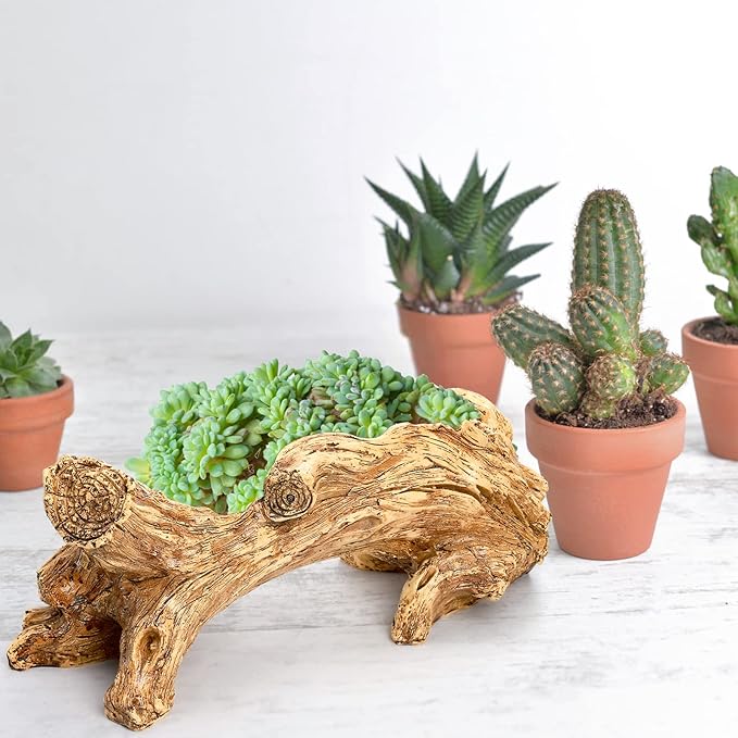 Hiceeden Artificial Driftwood Succulent Planter, Resin Tree Stump Sculpture Rustic Cactus Flower Pot for Herb, Strawberry, Small Plants, Natural Color Drainage Hole, 14.6" L x 4.3" W x 5.1" H