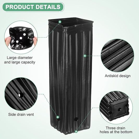 100-Pack Plant Nursery Pots, 4.72x4.72x12.6 Inch Plastic Deep Growing Nursery Pots Succulent Planter Flower Tree pots with Drainage Holes for Indoor Outdoor Gardening [Black]