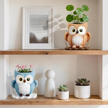 QCQHDU Swing Owl Hanging Pots with Drainage Hole, Small Resin Succulent Plant Planters, Cute Indoor/Outdoor Decor for Balcony Garden Patio, Women Gift Idea, Khaki