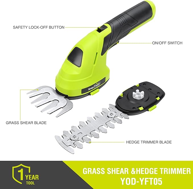 SnapFresh Hedge Trimmer Cordless Grass Shear, 2 in 1 Electric Grass Trimmer and Hedge Shears, Handheld Bush Trimmer/Grass Cutter/Shrub Trimmers with Battery for Garden & Lawn, USB-C Cable Included